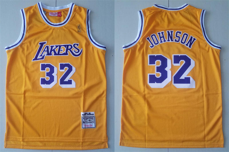 Mens Los Angeles Lakers #32 Magic Johnson 1984-85 Gold Swingman Throwback Jersey