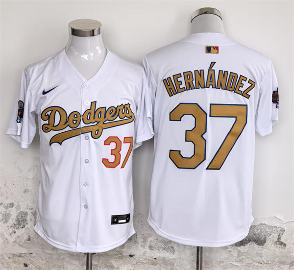 Mens Los Angeles Dodgers #37 Teoscar Hernandez Nike 2025 White Gold Collection Limited Jersey