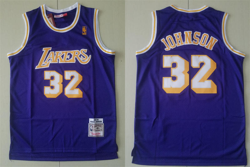 Men's Los Angeles Lakers #32 Magic Johnson 1984-85 Purple Swingman Throwback Jersey