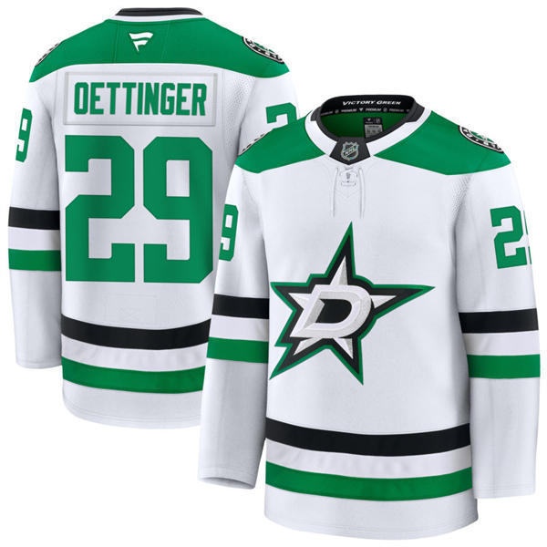 Mens Dallas Stars #29 Jake Oettinger Fanatics White Away Jersey