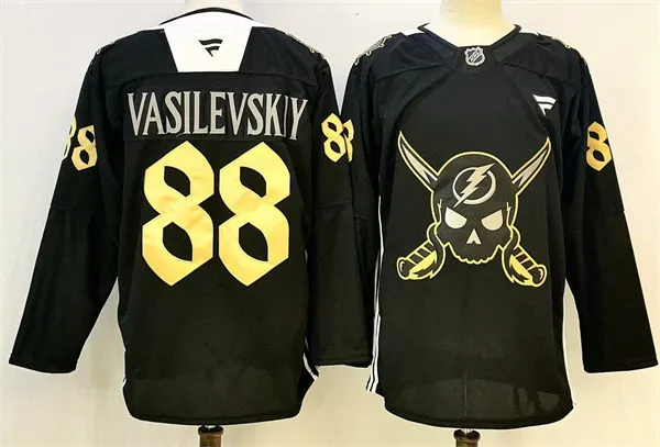 Mens Tampa Bay Lightning #88 Andrei Vasilevskiy Black Gasparilla inspired Skull Logo Jersey